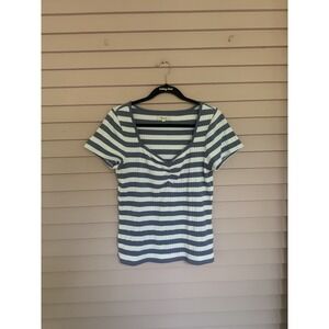 Madewell Womens Top Blue White Stripe L Pullover Sweetheart‎ Neckline Cap Sleeve